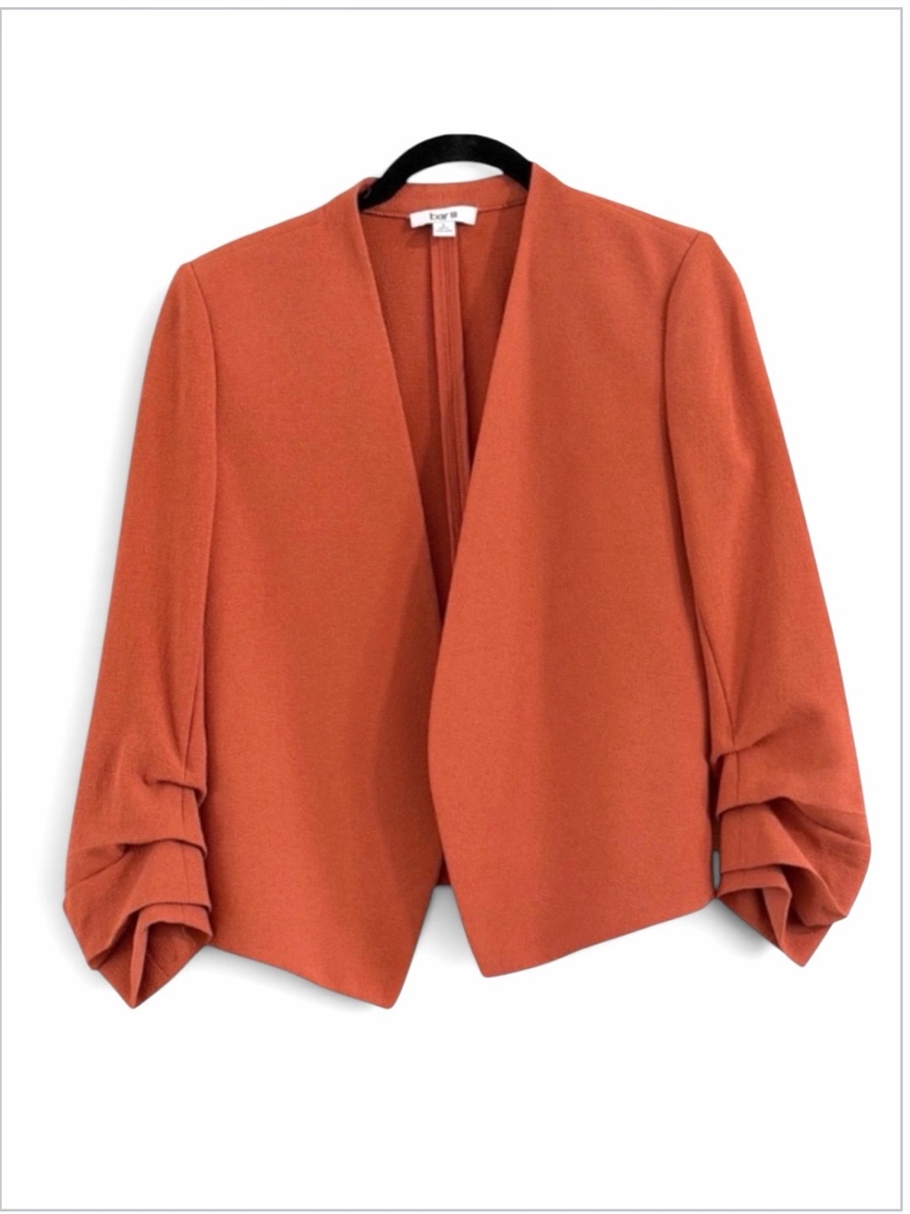 Bar III Rust Orange Open-Front Blazer Ruched 3/4 Sleeve Cropped Jacket Size S